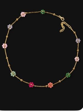 Gold Chain Necklace with Multicolor Flower Charms - Women Jewelry 18” adjustable